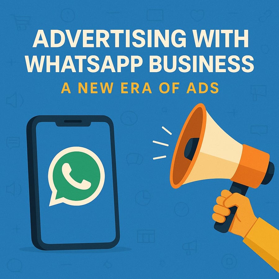 Εικονογράφηση με τίτλο «Advertising with WhatsApp Business»: ένα κινητό με το λογότυπο του WhatsApp και ένα χέρι με τηλεβόα