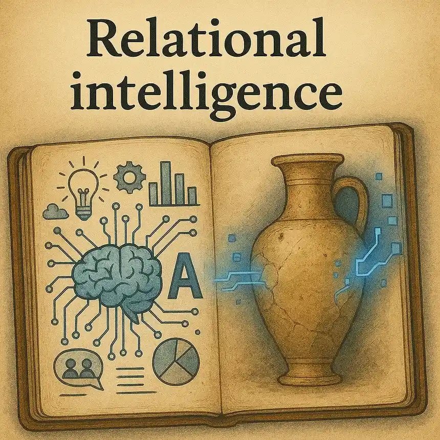 Εικονογράφηση με τίτλο «Relational intelligence»: ένα βιβλίο που ενώνει έναν εγκέφαλο από κυκλώματα με ένα αρχαίο πήλινο αγγείο