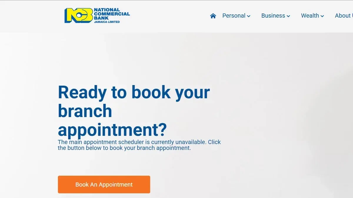Σελίδα της National Commercial Bank Jamaica που καλεί τους πελάτες να κλείσουν ραντεβού σε κατάστημα