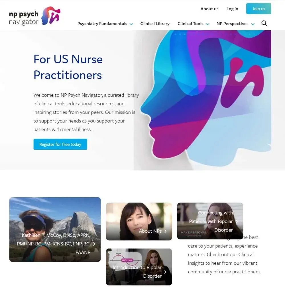 Η αρχική σελίδα του NP Psych Navigator για εξειδικευμένους νοσηλευτές στις ΗΠΑ, με κουμπί εγγραφής και συνδέσμους προς κλινικά εργαλεία