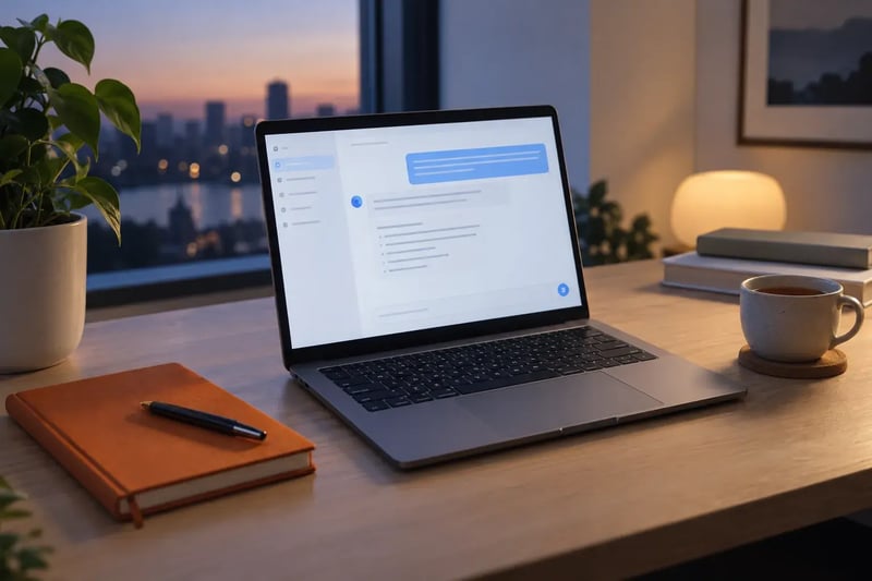 Φορητός υπολογιστής σε δρύινο γραφείο δείχνει έναν βοηθό συνομιλίας, δίπλα σε ένα πορτοκαλί σημειωματάριο