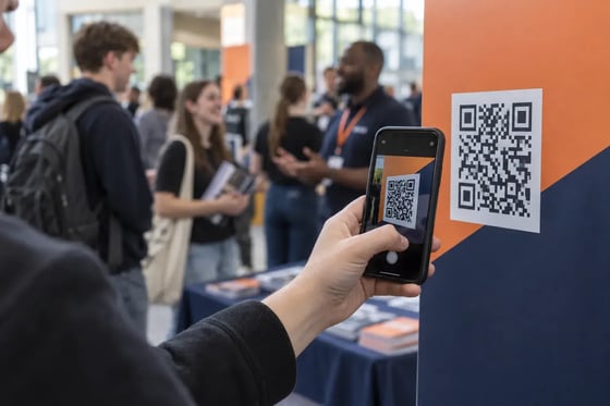 Ένα χέρι σαρώνει ένα QR code σε πορτοκαλί και σκούρο μπλε περίπτερο, σε ημέρα ανοιχτών θυρών ενός κολεγίου