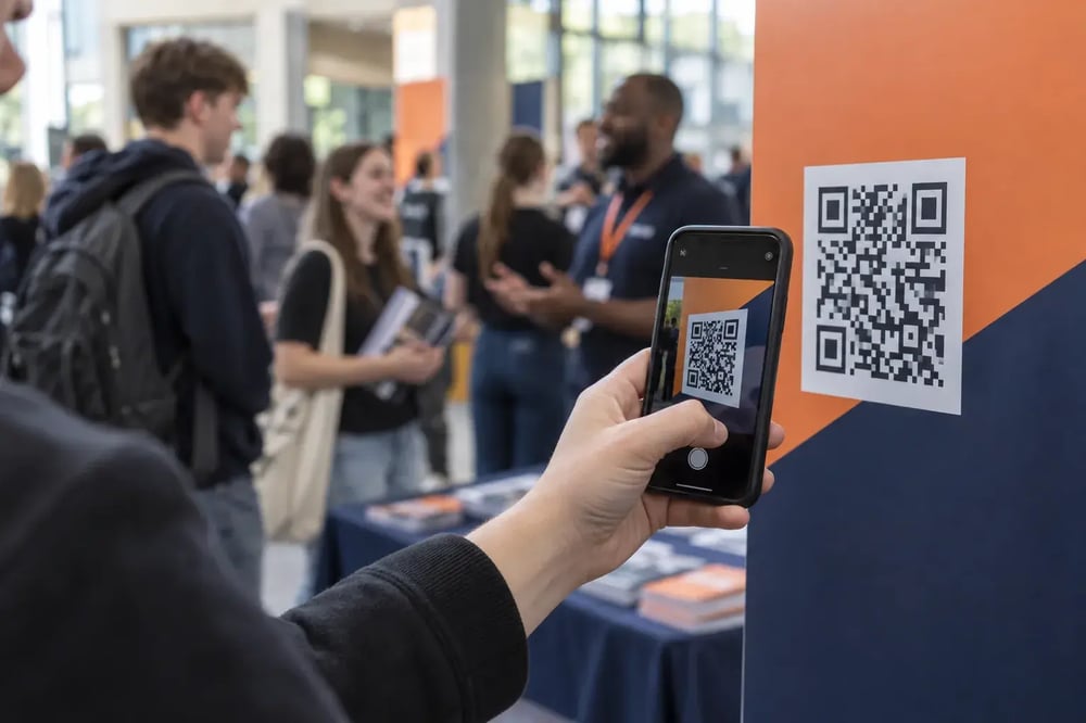 Ένα χέρι σαρώνει ένα QR code σε πορτοκαλί και σκούρο μπλε περίπτερο, σε ημέρα ανοιχτών θυρών ενός κολεγίου