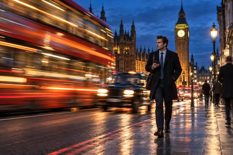 Επαγγελματίας περπατά στο Westminster την μπλε ώρα, με φωτεινές γραμμές από ένα λεωφορείο που περνά