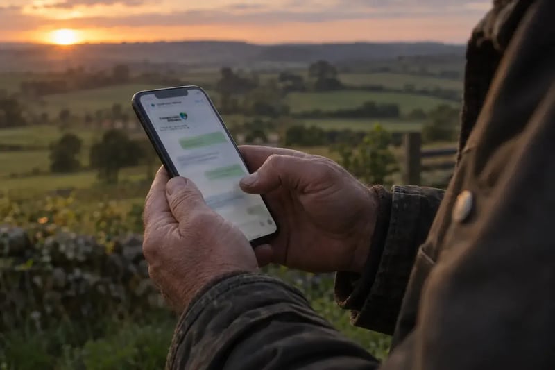 Χέρια κρατούν ένα κινητό με ένα μήνυμα WhatsApp από την Countryside Alliance, με ένα ηλιοβασίλεμα στην ύπαιθρο στο φόντο