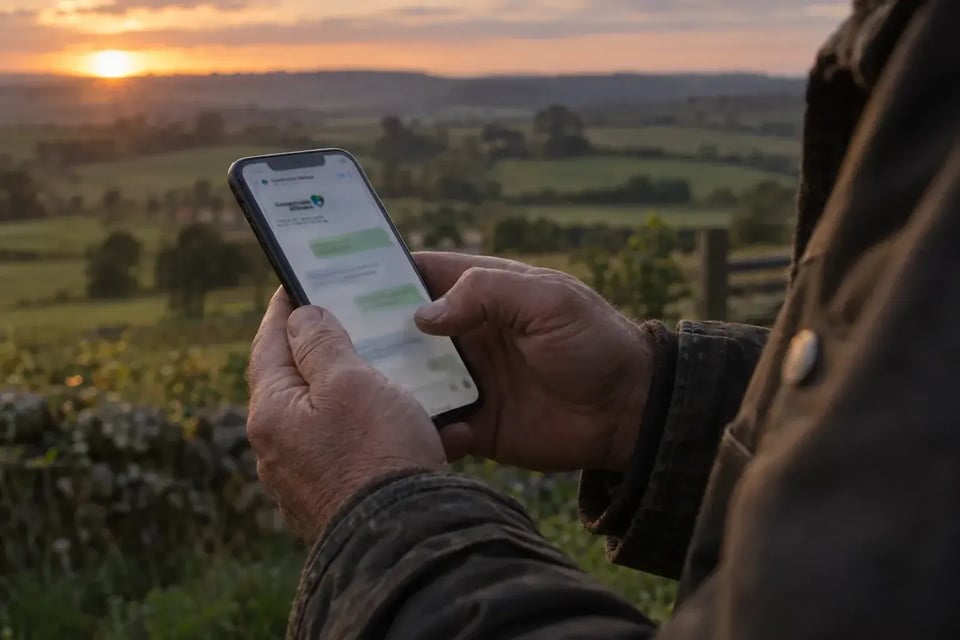 Χέρια κρατούν ένα κινητό με ένα μήνυμα WhatsApp από την Countryside Alliance, με ένα ηλιοβασίλεμα στην ύπαιθρο στο φόντο