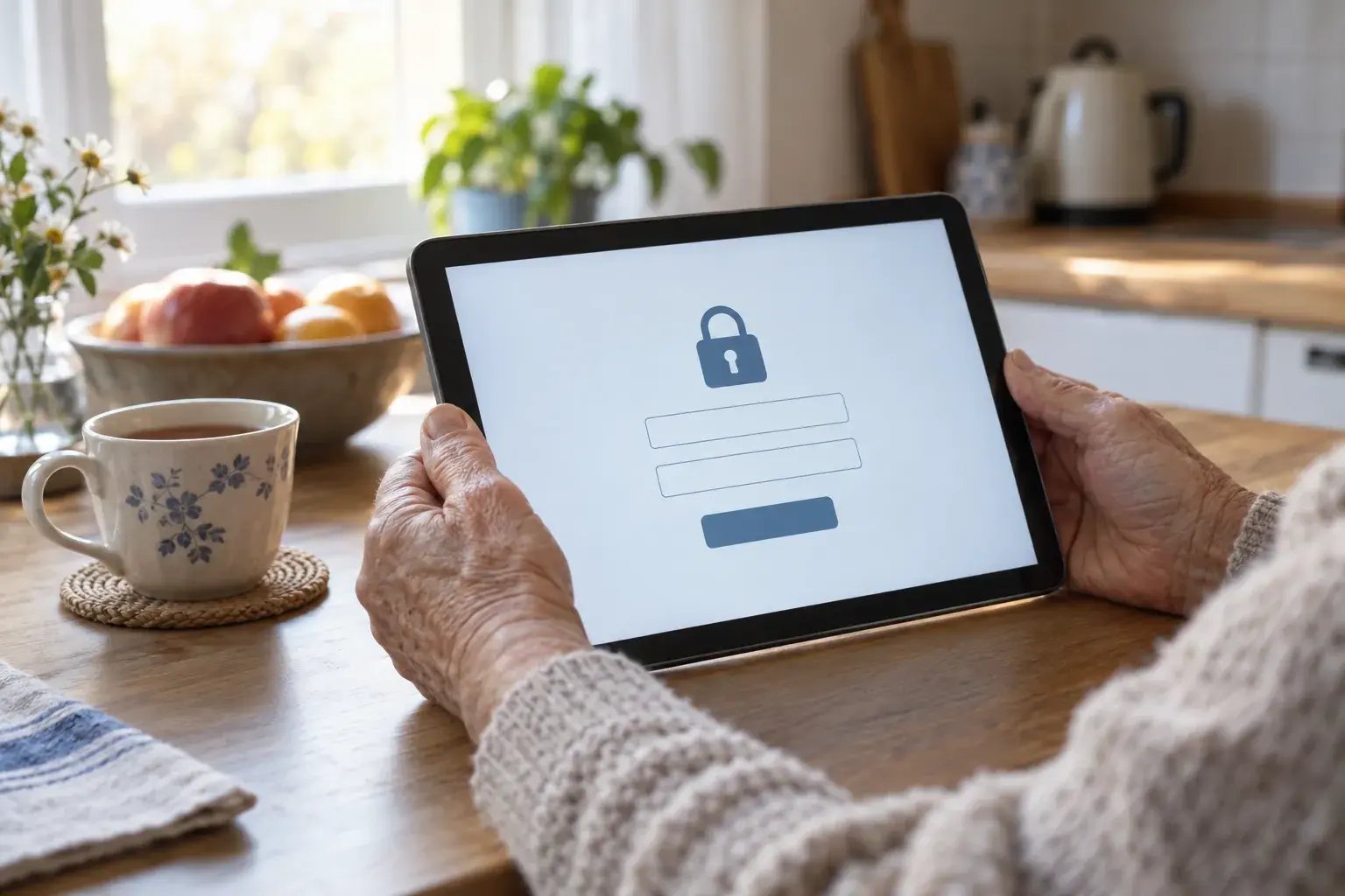 Χέρια κρατούν ένα tablet με οθόνη ασφαλούς σύνδεσης, σε ένα τραπέζι κουζίνας